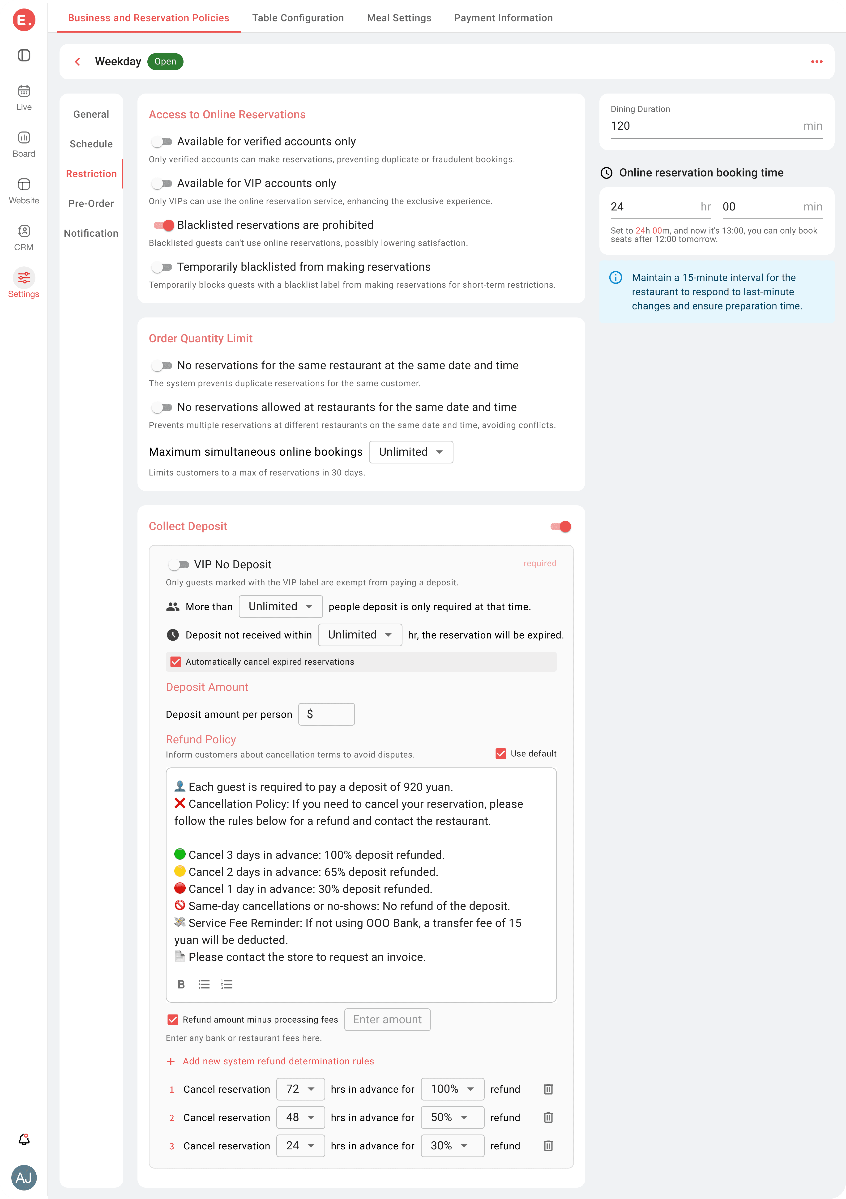 Eatsy restriction settings: toggles limiting online reservations to verified or VIP accounts and blocking blacklisted guests, above deposit collection settings with amount, expiry, and a tiered refund policy.