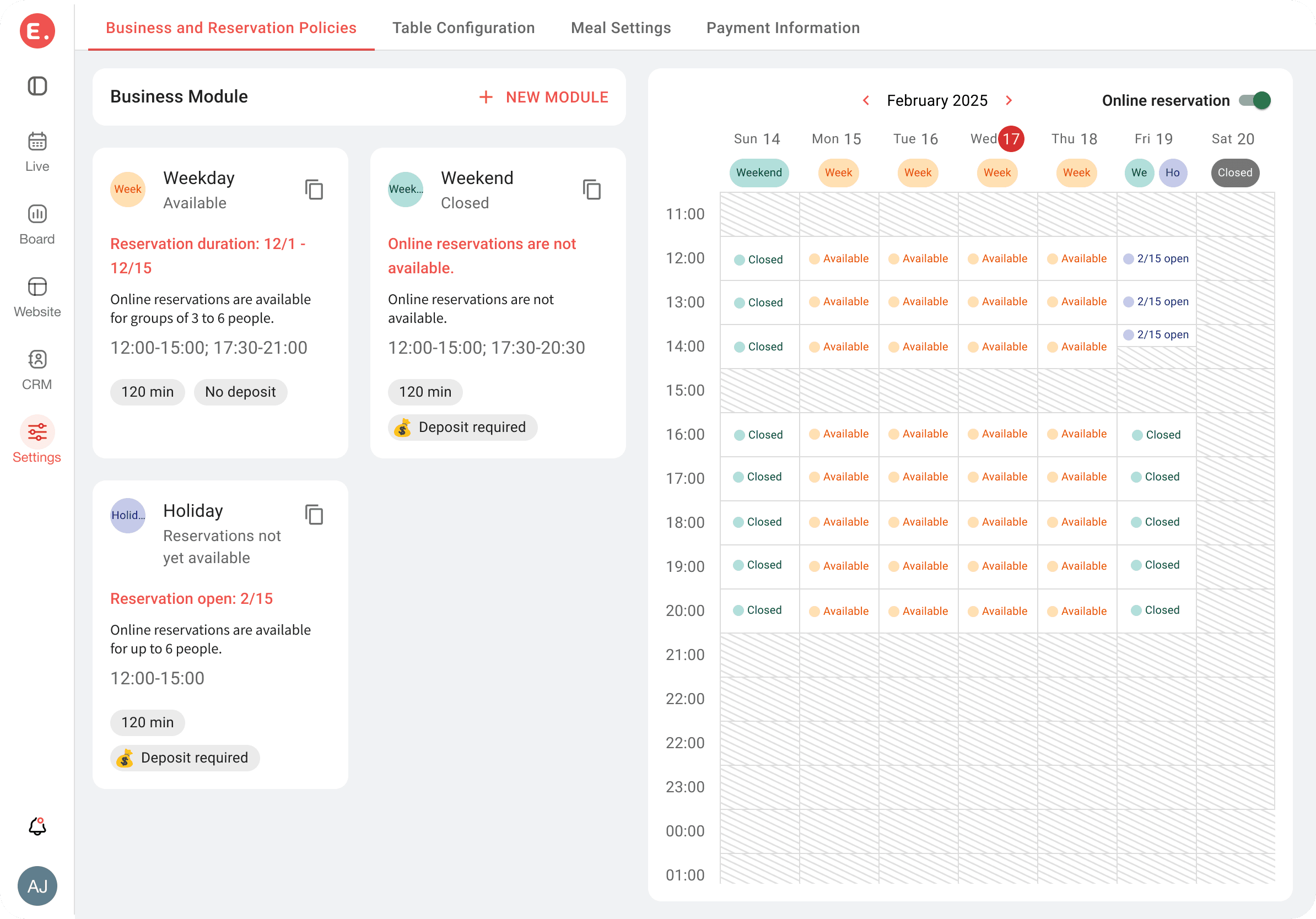 Eatsy configurable reservation eligibility