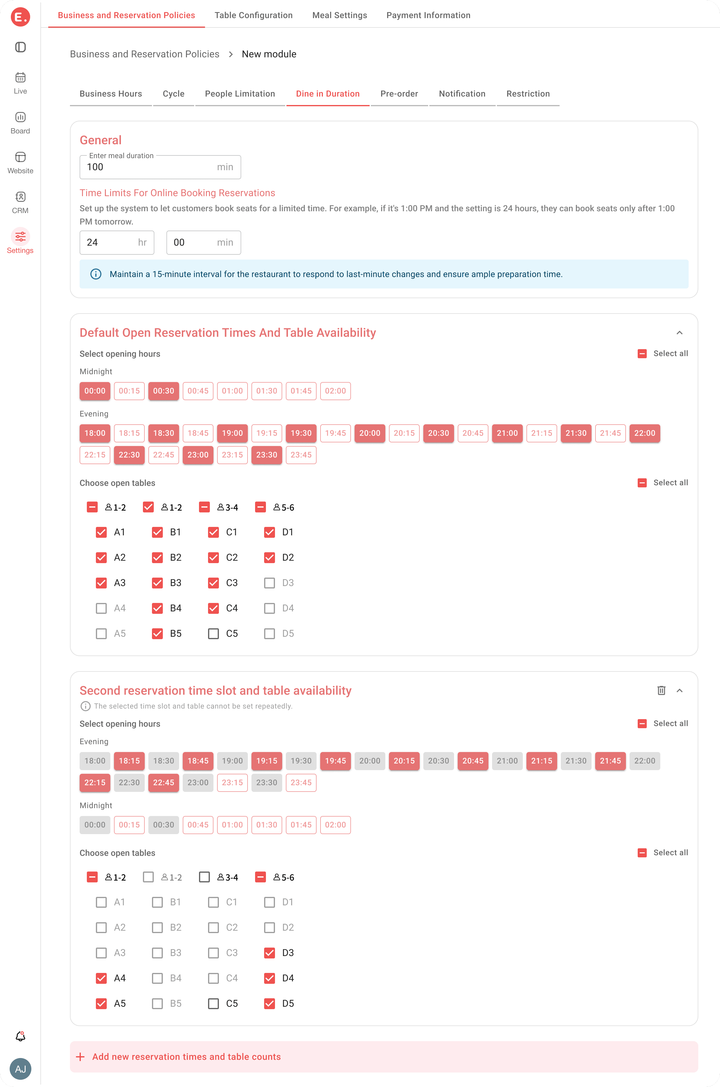 Eatsy configurable booking schedule