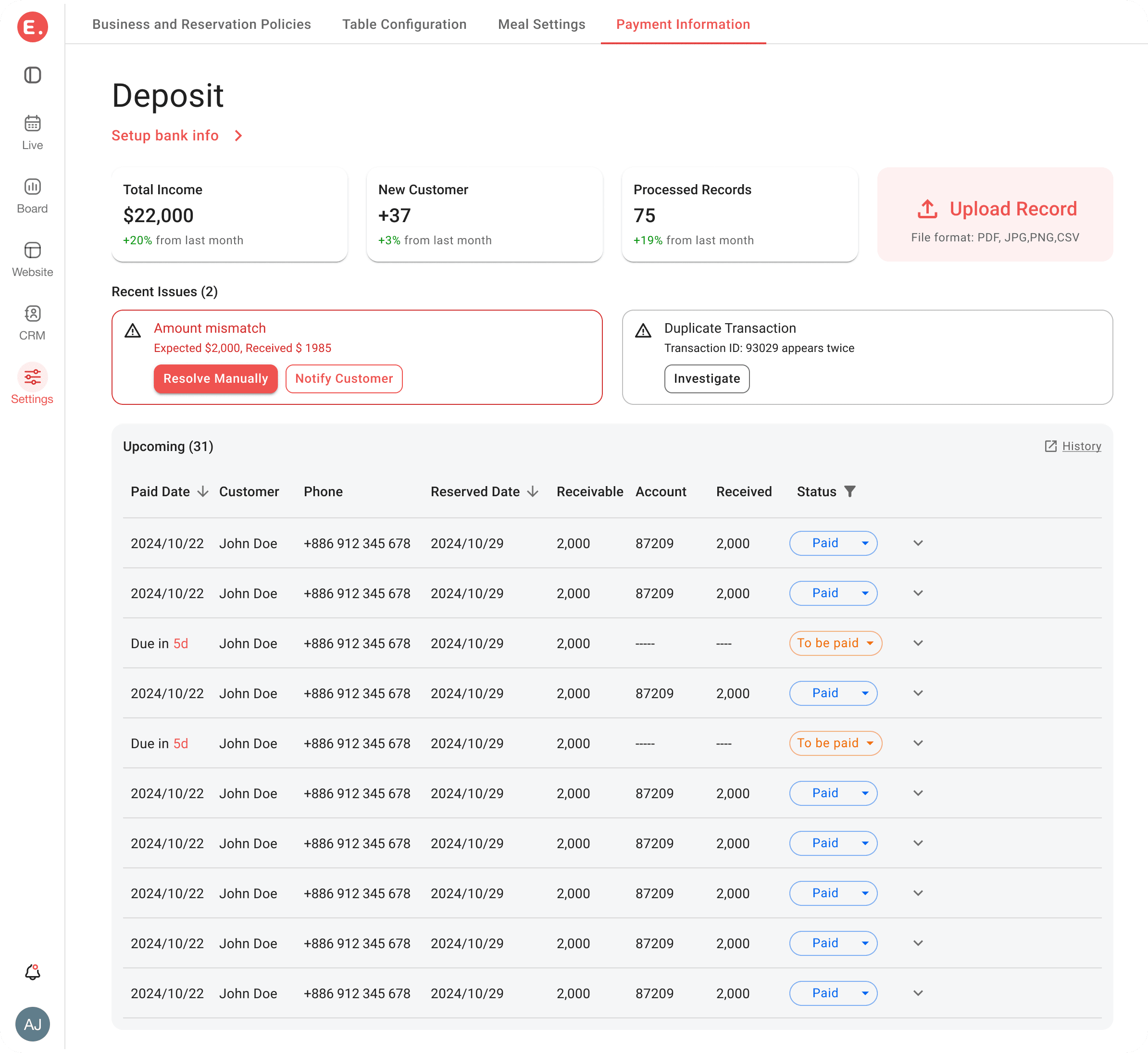 Eatsy configurable deposit rules