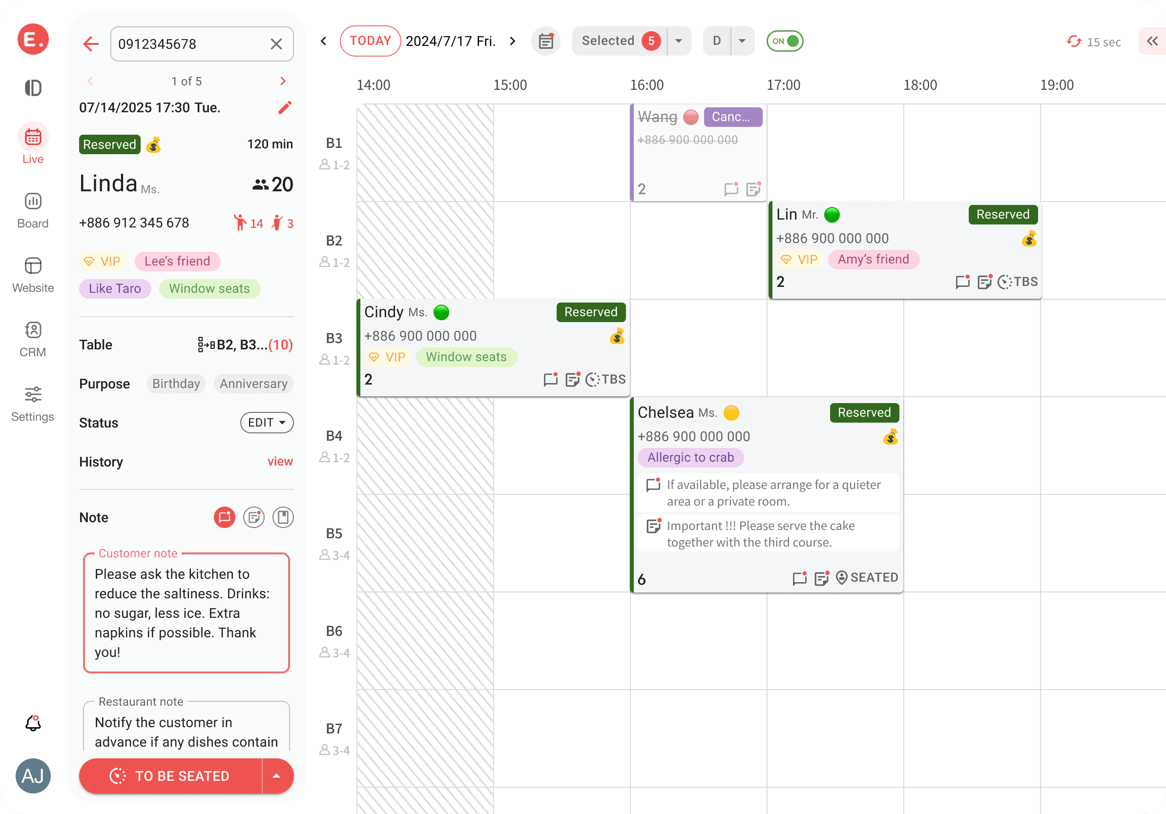 Eatsy customizable reservation features