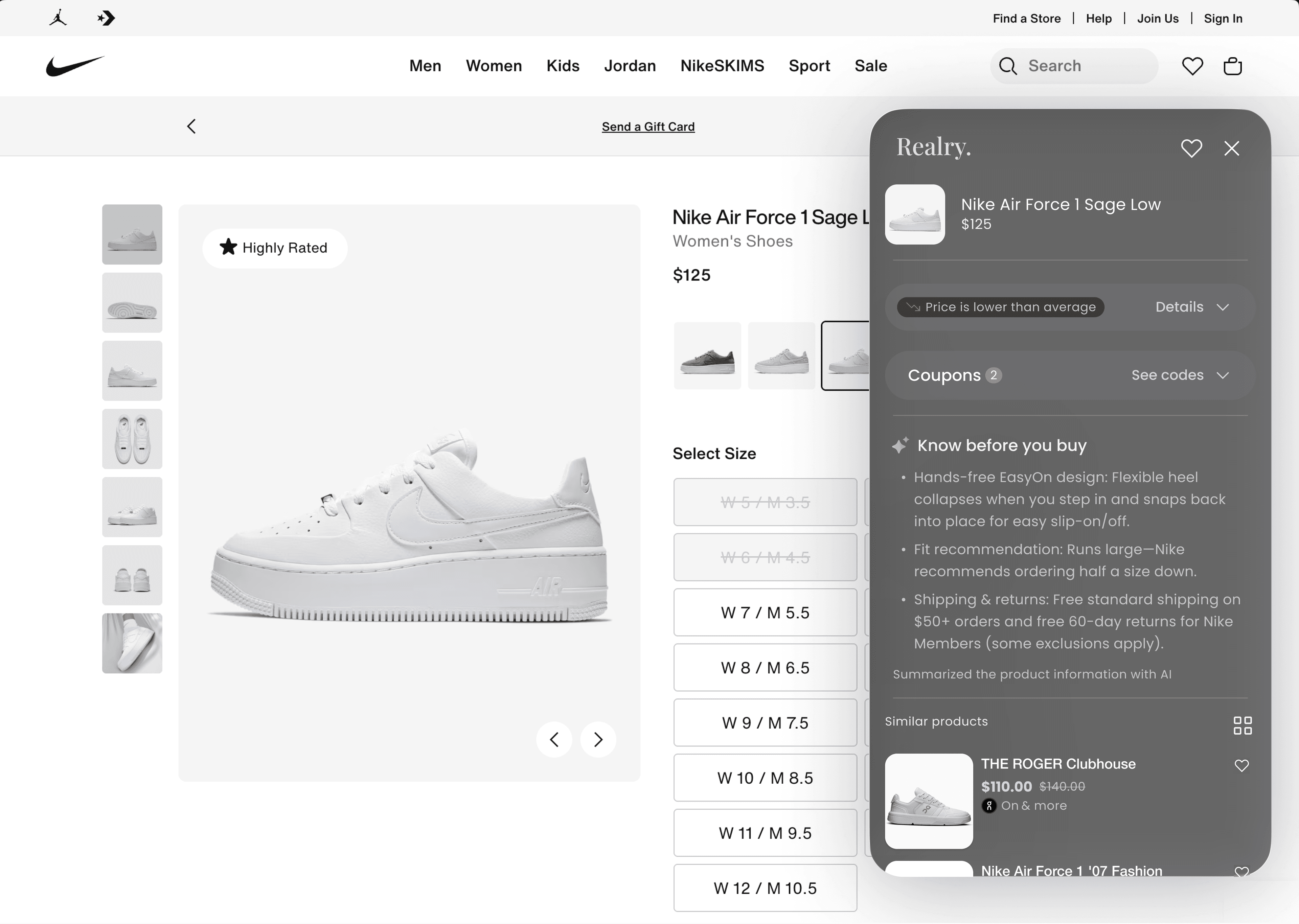 The Realry panel open on a Nike product page, showing that the price is lower than average, available coupons, an AI summary of the product headed Know before you buy, and similar items from other retailers.