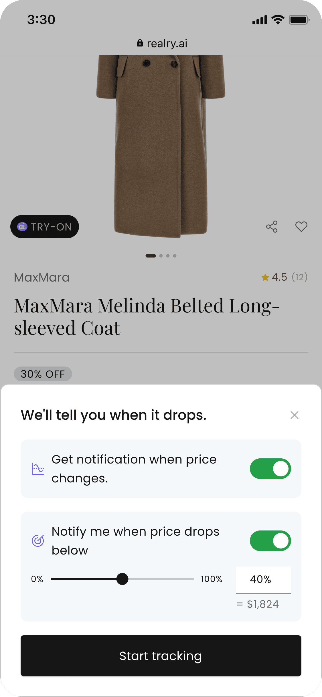 Choosing what to follow on a Realry product page: a price drop, a restock, or both.