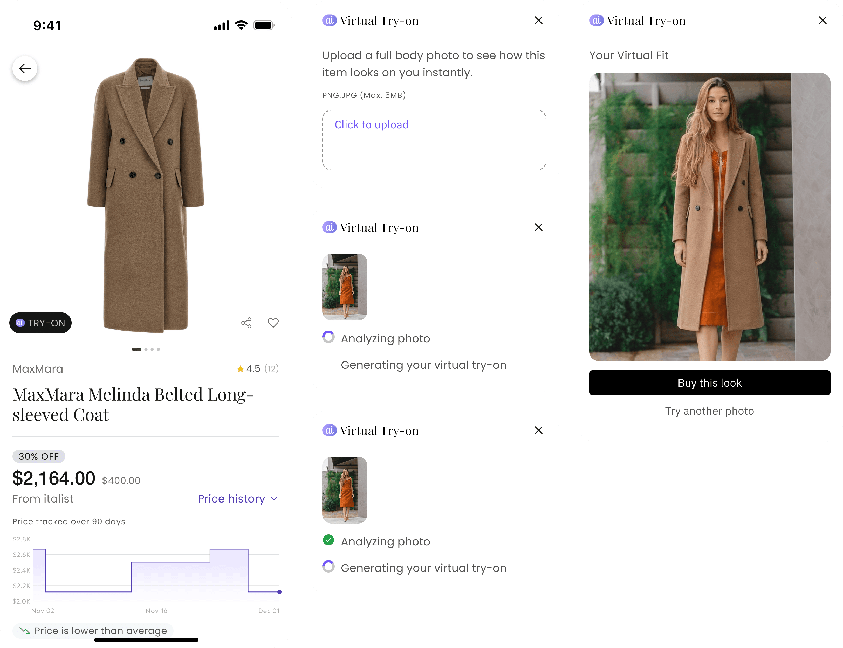 Virtual try-on across three states: a try-on badge on the mobile product page, the upload and generating steps, and the finished result showing the coat on the shopper with a Buy this look action.