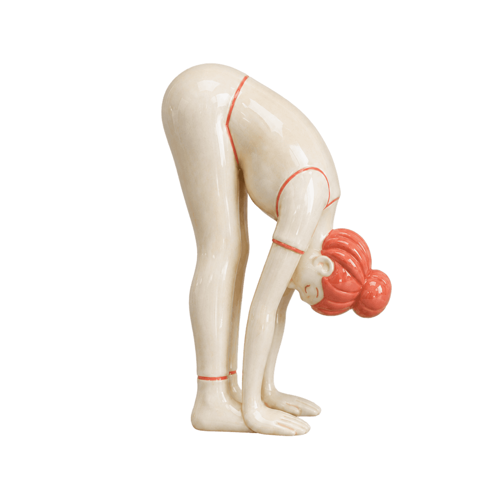 Ceramic figure demonstrating the Standing Forward Fold pose.
