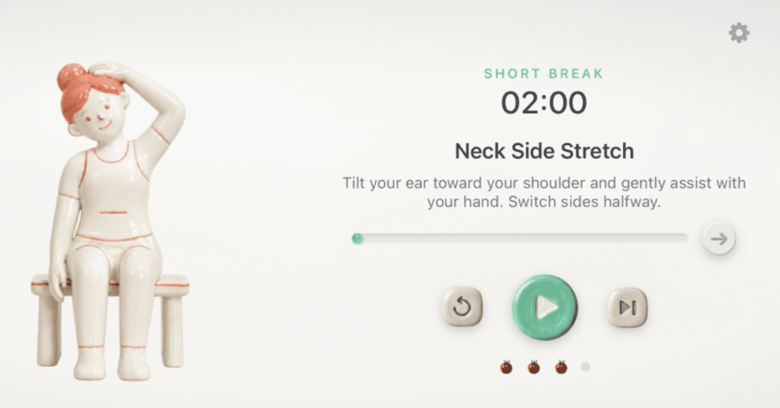 The Stretchodoro Mac app showing a Short Break timer at 02:00 with a ceramic figure demonstrating a neck side stretch.