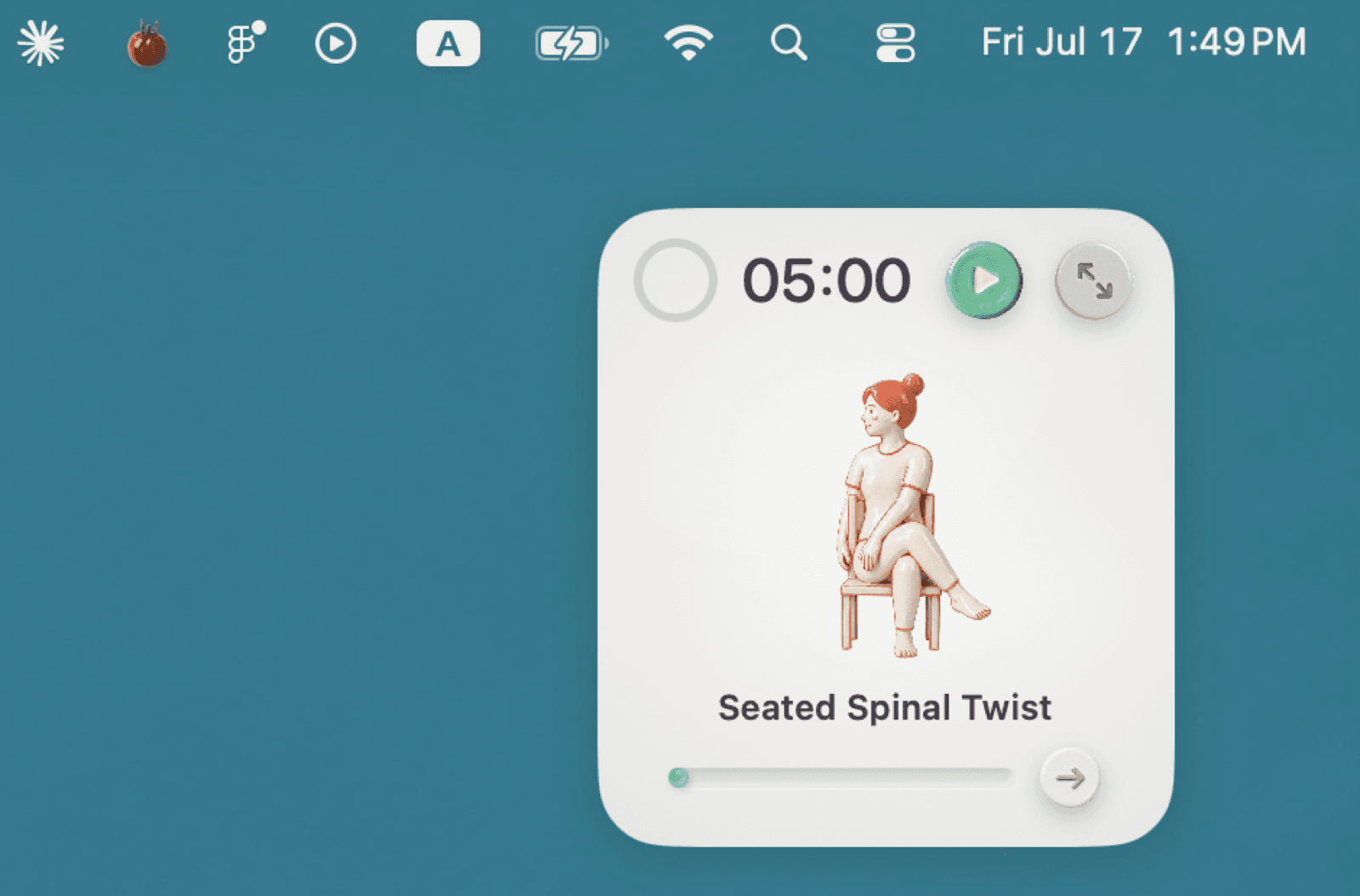 The floating Stretchodoro mini panel on the macOS desktop, counting down 05:00 beside a ceramic figure doing a seated spinal twist.