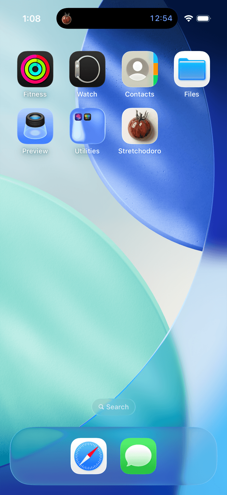 iPhone home screen with the Stretchodoro timer running in the Dynamic Island, showing a tomato icon and 12:54 remaining.