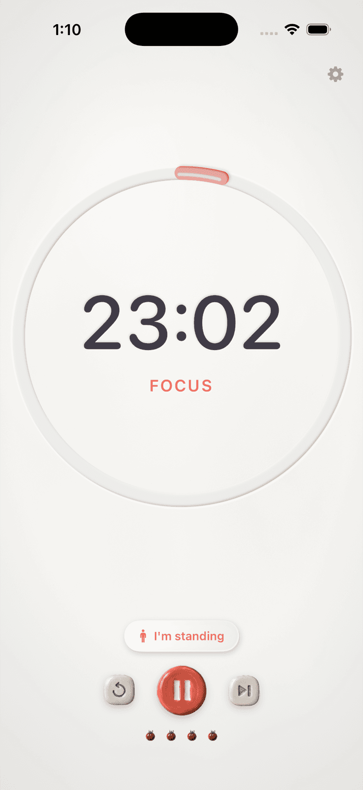 The Stretchodoro iPhone app in Focus mode: a ceramic ring counting down 23:02, a coral pause button, and an 'I'm standing' chip.