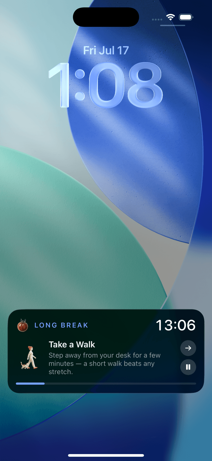iPhone lock screen showing a Stretchodoro Live Activity: LONG BREAK, 13:06 remaining, and a Take a Walk prompt with a ceramic figure walking a cat.