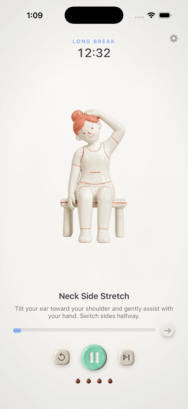 The Stretchodoro iPhone app on a Long Break at 12:32, showing the Neck Side Stretch ceramic figure and its instructions.